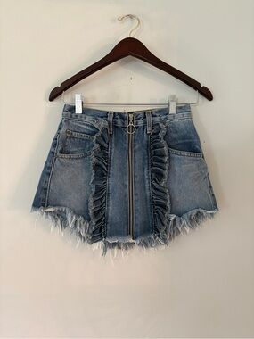 CARMAR Beatrice Denim Ruffle Front Zip Mini Skirt | Raw Hem | Size 25